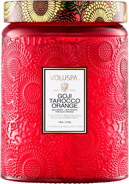 Voluspa Goji Tarocco Orange, Large Candle Jar, 18 oz, 100 Hour Burn Time, All Natural Wicks and Coconut Wax for Clean Burning, Vegan, Poured in the USA