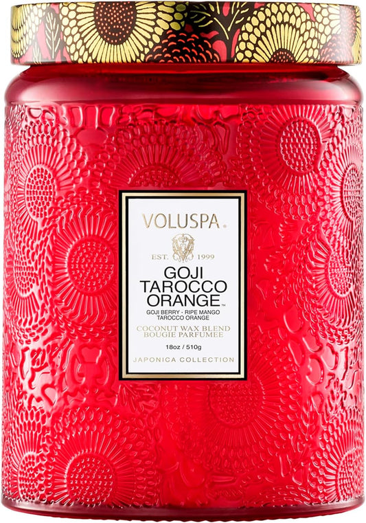 Voluspa Goji Tarocco Orange, Large Candle Jar, 18 oz, 100 Hour Burn Time, All Natural Wicks and Coconut Wax for Clean Burning, Vegan, Poured in the USA