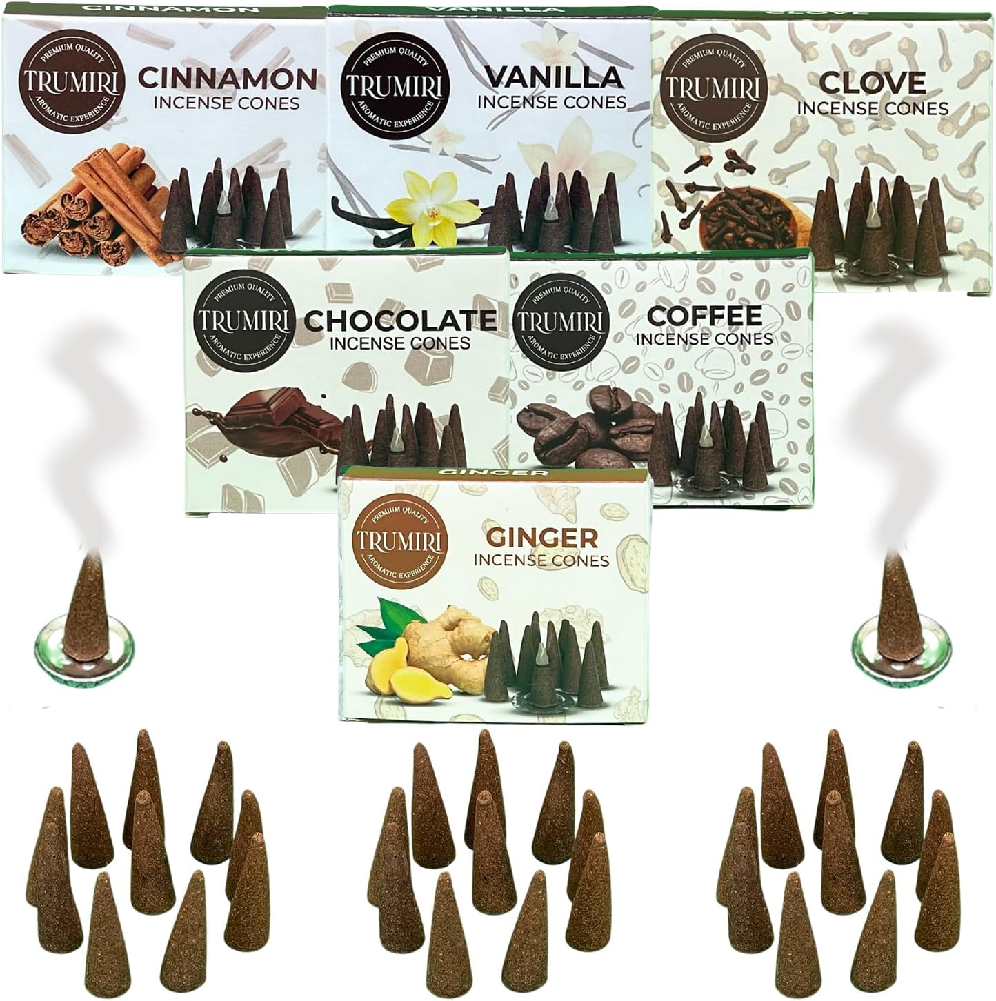 Trumiri Woody Incense Cones - Variety Pack - Total 60 Cone Incense (6 Scents x 10 Conos) - White Sage, Palo Santo, Dragons Blood, Sandalwood - Inscents-Cones Scented - Insense Cones - Incent Cone