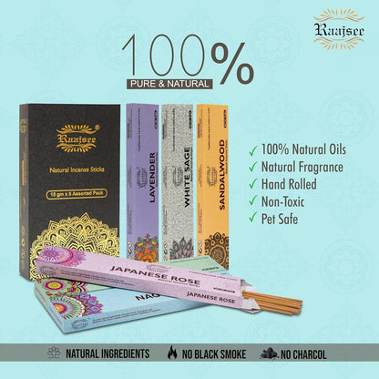 Raajsee Natural Incense Sticks,6 Pack Mixed Scents Gift Pack 15 gm Each (90 gm Total), Insense Sticks Variety Pack, 100% Organic Non Toxic Natural - Hand Rolled Free from Chemicals