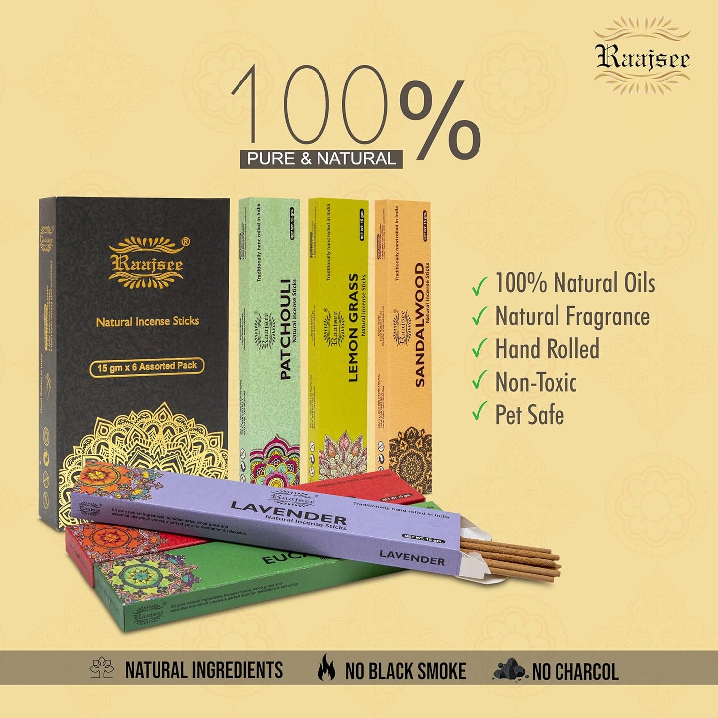 Raajsee Natural Incense Sticks,6 Pack Mixed Scents Gift Pack 15 gm Each (90 gm Total), Insense Sticks Variety Pack, 100% Organic Non Toxic Natural - Hand Rolled Free from Chemicals