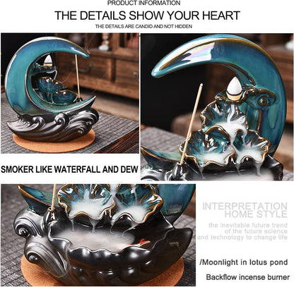 Zvaiuk New Moon Backflow Incense Holder, Ceramic Hand-Made Incense Fountain Burner with 100 Backflow Incense Cones