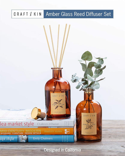 Jasmine & Lily Reed Diffuser | Includes All Natural Essential Oil & 8 Rattan Scent Sticks | Reed Diffuser Set for Bathroom | Reed Diffusers for Home | Long Lasting Home Fragrance in Amber Glass - 5.75oz