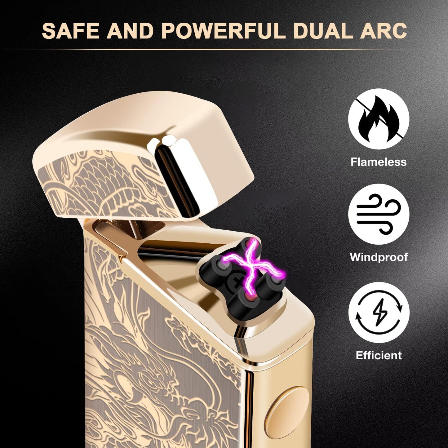 LcFun Electric USB Rechargeable Lighter, Windproof Plasma Dual Arc Lighter with LED Battery Indication, Electronic Flameless Cool Lighters Gifts for Men Fathers Husband (Black Dragon)