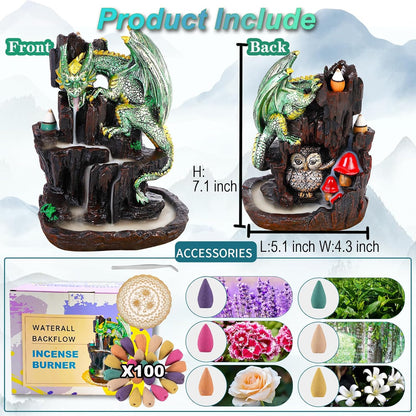 Zvaiuk Dragon Backflow 2 Sided Mountain Waterfall Incense Burner,Fountain Smoke Incense Holder with Backflow Incense Cones, Tweezers, Mat，Resin Aromatherapy Meditationvaiuk (Green)