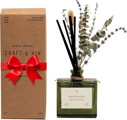 Craft & Kin Reed Diffuser Set with Dried Flowers, 5 oz Santal Woods Scented Reed Diffuser with Sticks