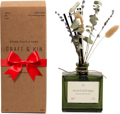 Craft & Kin Reed Diffuser Set with Dried Flowers, 5 oz Santal Woods Scented Reed Diffuser with Sticks