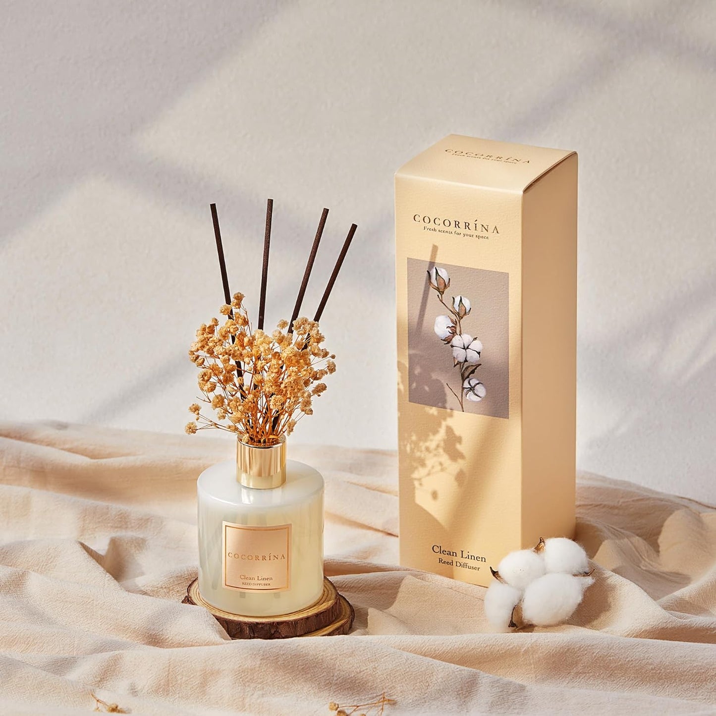 COCORRÍNA Reed Diffuser Set, Clean Linen Scented Diffuser with Sticks Home Fragrance Reed Diffuser for Bathroom Shelf Decor