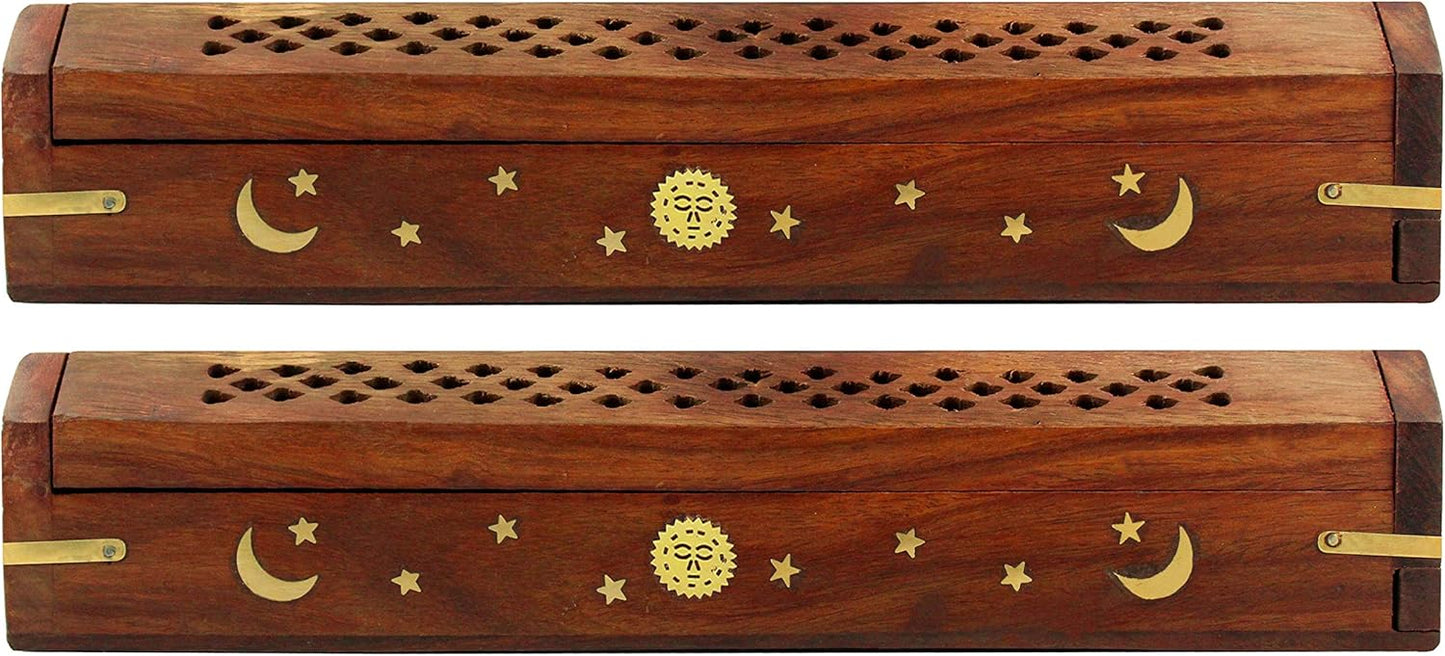 Sheesham Wood Incense Burner Holder - Set of 2 Coffin Style Sun Moon Inlay Handmade Aromatherapy Room Freshener Fragrance Cone Incense Stick Burner Ash Catcher - Zen Home Gift - 12x2x2 - COTTON CRAFT