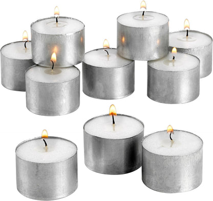 Tea Light Candles in Metal Cups - 4.5 Hours, Long Burning White Unscented Tea Candles - 250 Candles