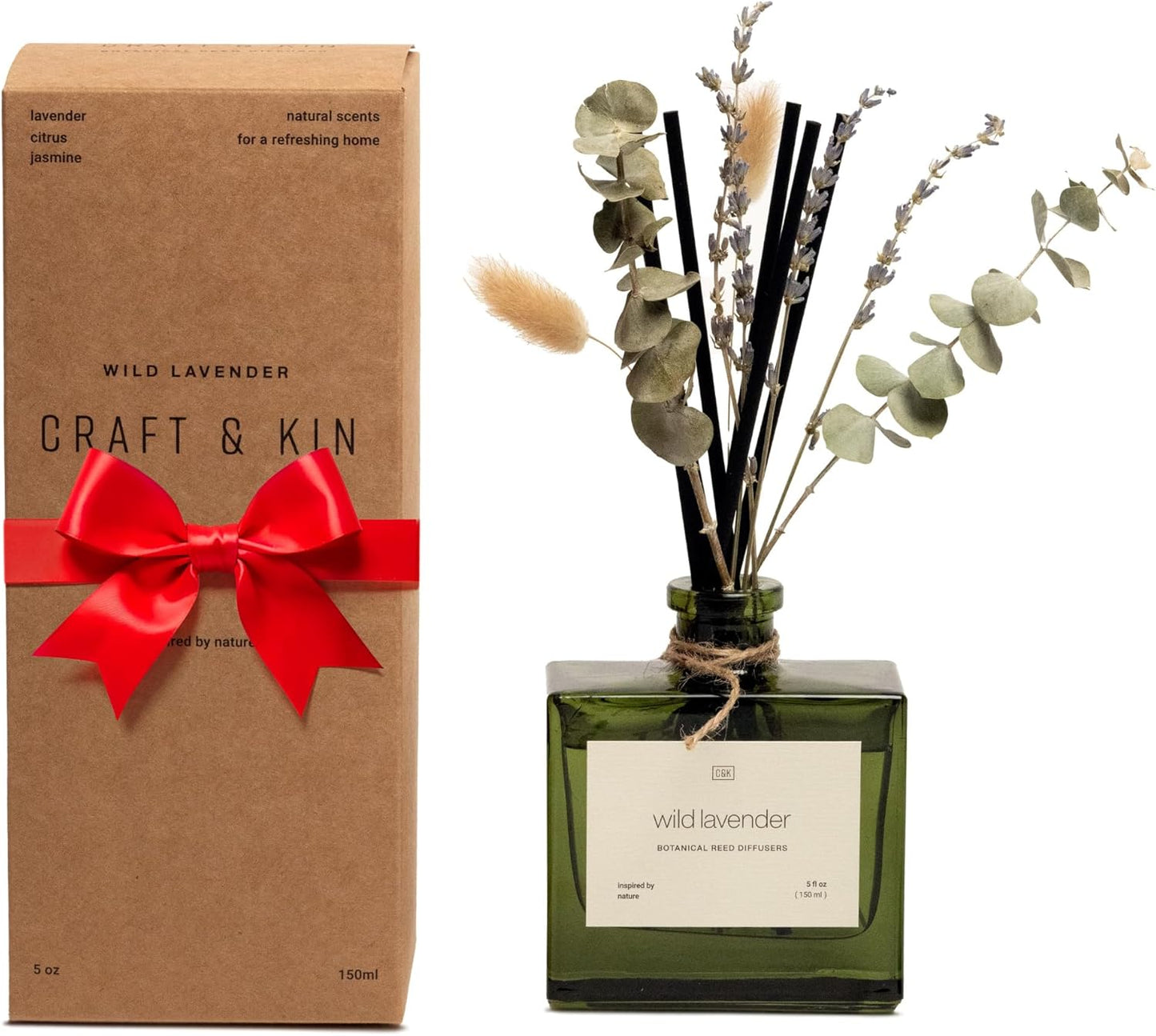 Craft & Kin Reed Diffuser Set with Dried Flowers, 5 oz Santal Woods Scented Reed Diffuser with Sticks