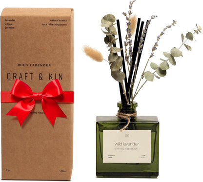 Craft & Kin Reed Diffuser Set with Dried Flowers, 5 oz Santal Woods Scented Reed Diffuser with Sticks