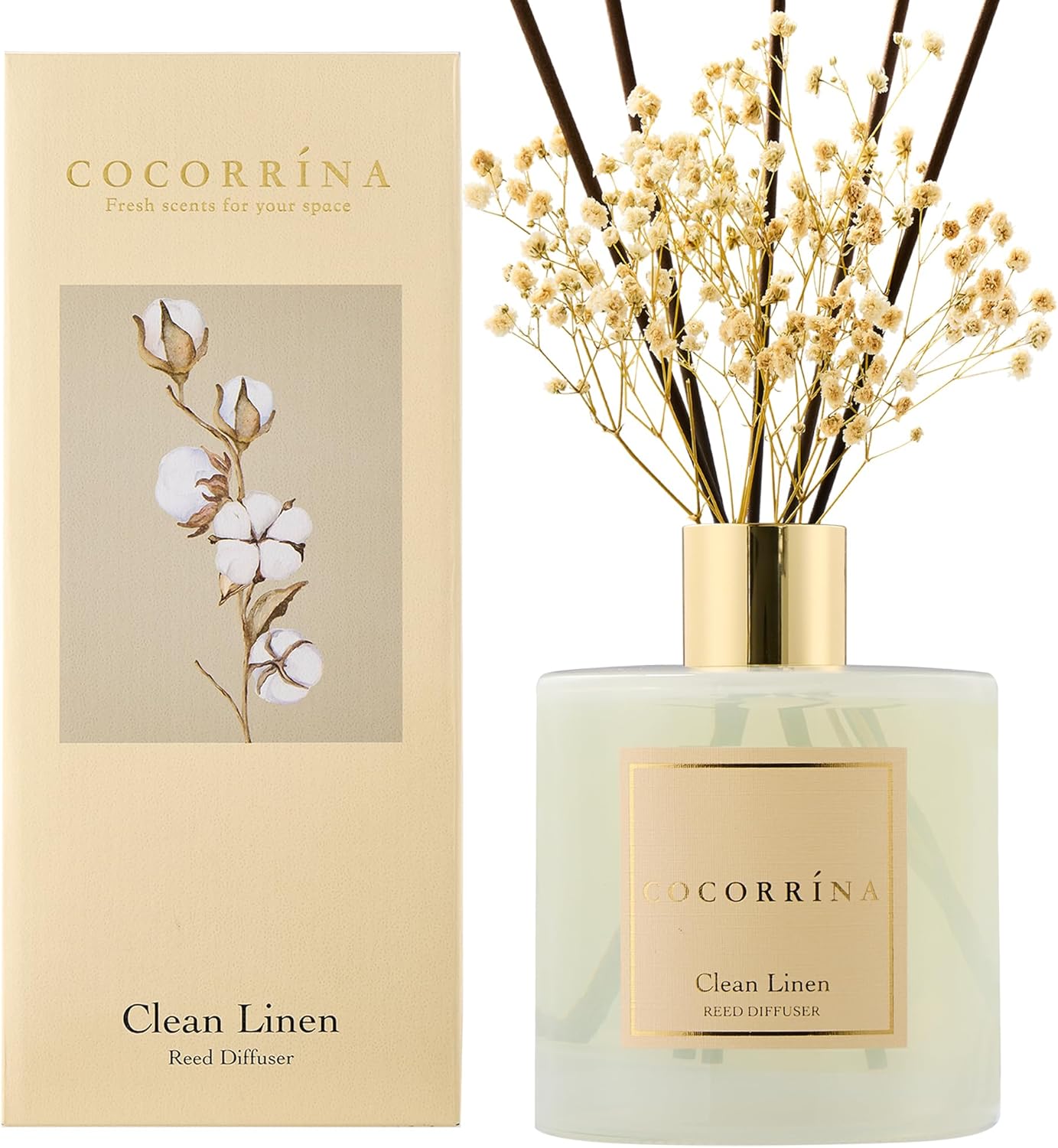 COCORRÍNA Reed Diffuser Set, Clean Linen Scented Diffuser with Sticks Home Fragrance Reed Diffuser for Bathroom Shelf Decor