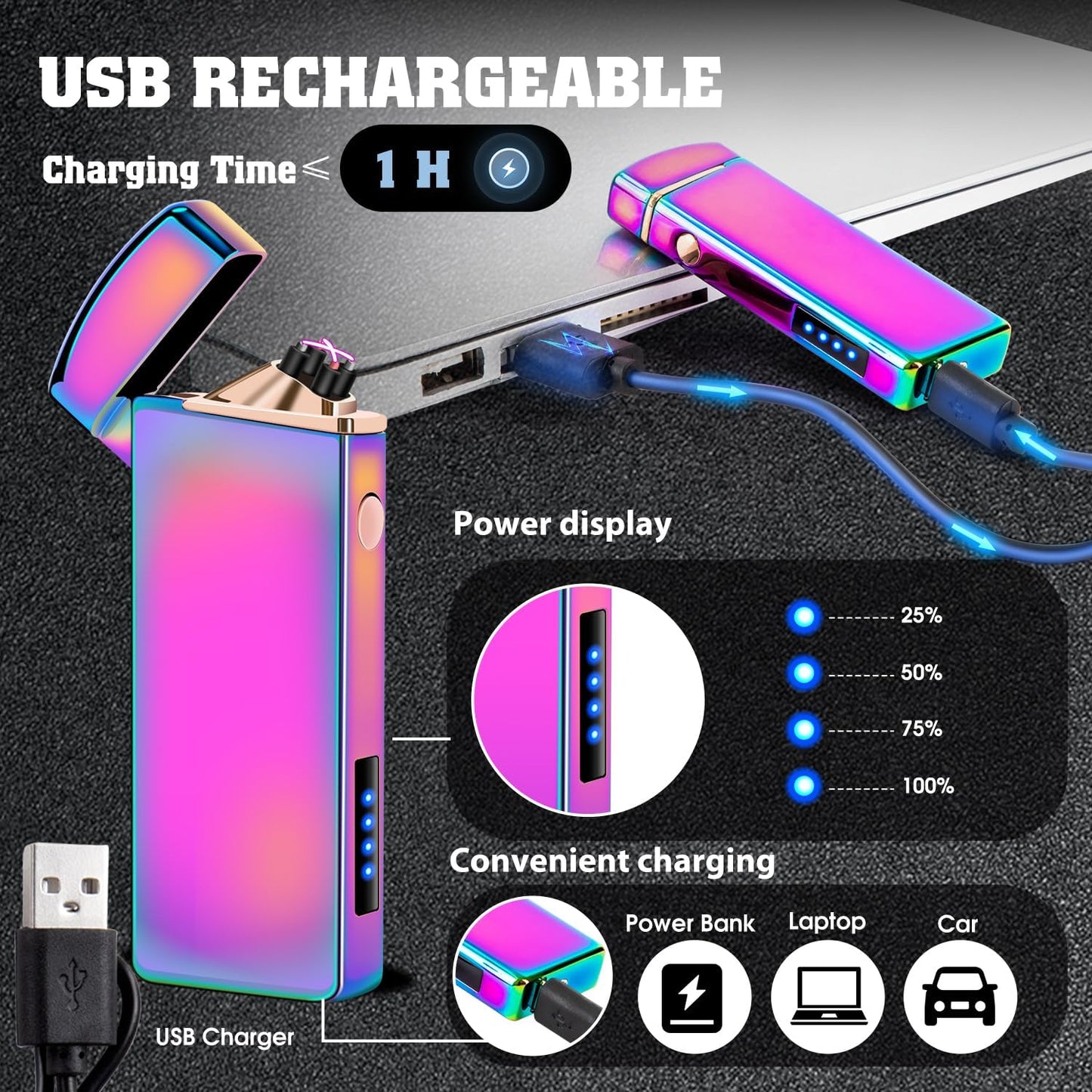LcFun Electric USB Rechargeable Lighter, Windproof Plasma Dual Arc Lighter with LED Battery Indication, Electronic Flameless Cool Lighters Gifts for Men Fathers Husband (Black Dragon)