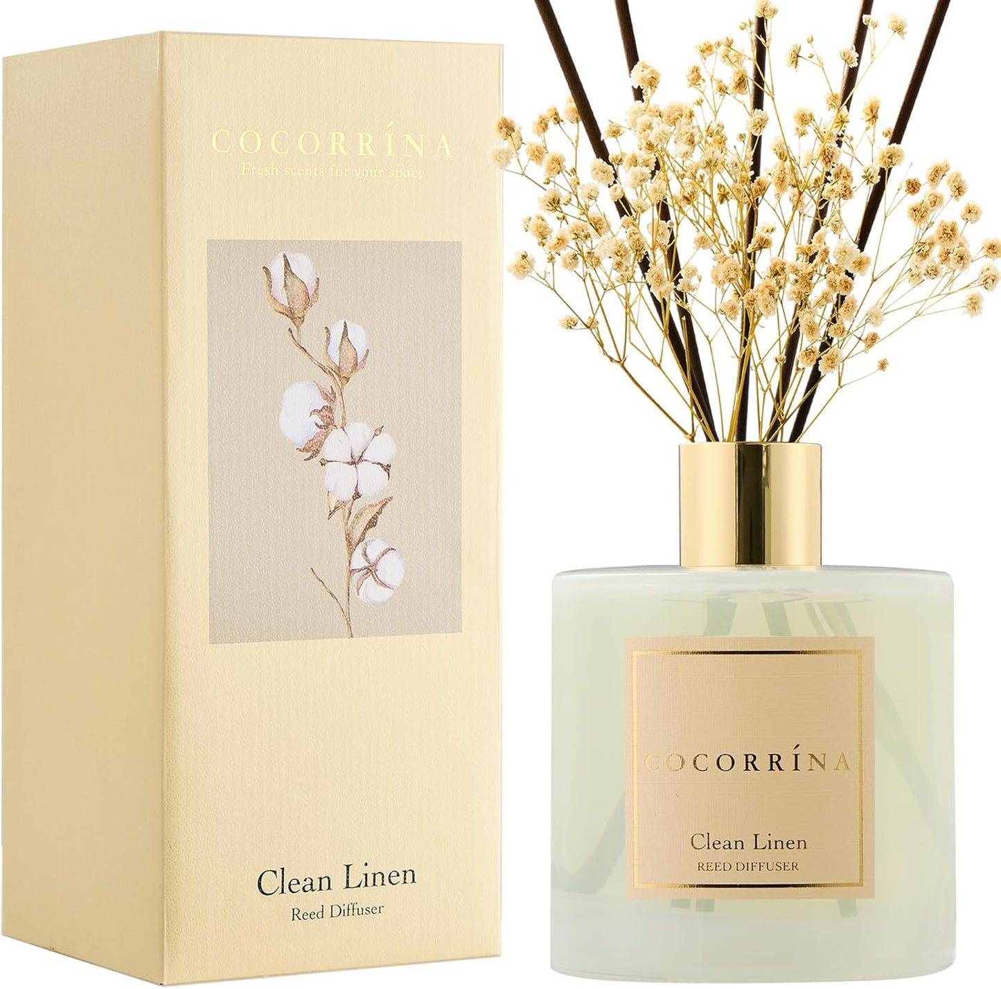 COCORRÍNA Reed Diffuser Set, Clean Linen Scented Diffuser with Sticks Home Fragrance Reed Diffuser for Bathroom Shelf Decor