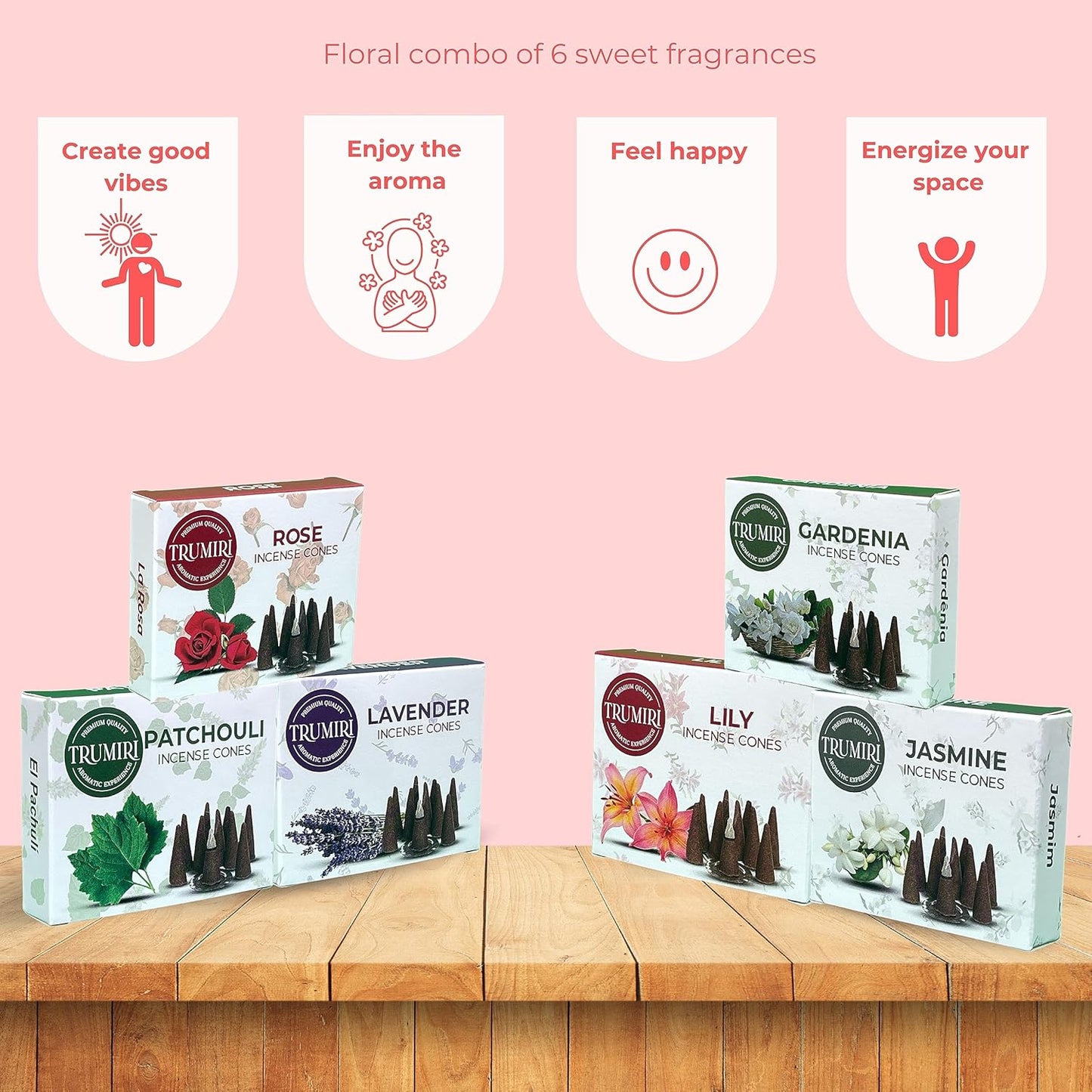 Trumiri Woody Incense Cones - Variety Pack - Total 60 Cone Incense (6 Scents x 10 Conos) - White Sage, Palo Santo, Dragons Blood, Sandalwood - Inscents-Cones Scented - Insense Cones - Incent Cone