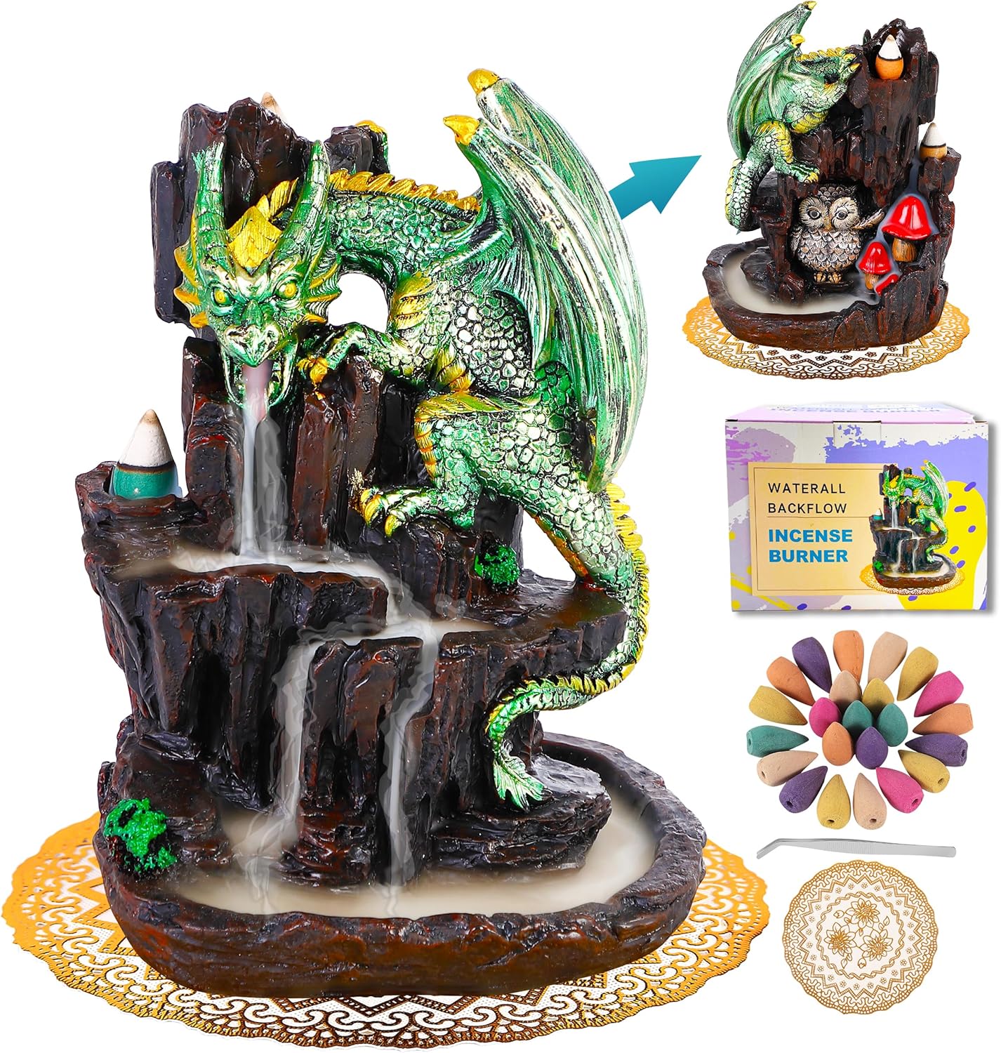 Zvaiuk Dragon Backflow 2 Sided Mountain Waterfall Incense Burner,Fountain Smoke Incense Holder with Backflow Incense Cones, Tweezers, Mat，Resin Aromatherapy Meditationvaiuk (Green)