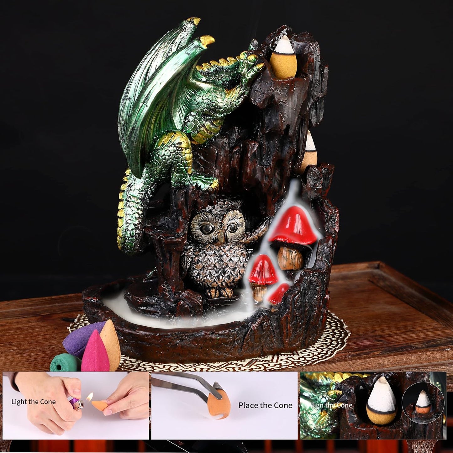 Zvaiuk Dragon Backflow 2 Sided Mountain Waterfall Incense Burner,Fountain Smoke Incense Holder with Backflow Incense Cones, Tweezers, Mat，Resin Aromatherapy Meditationvaiuk (Green)