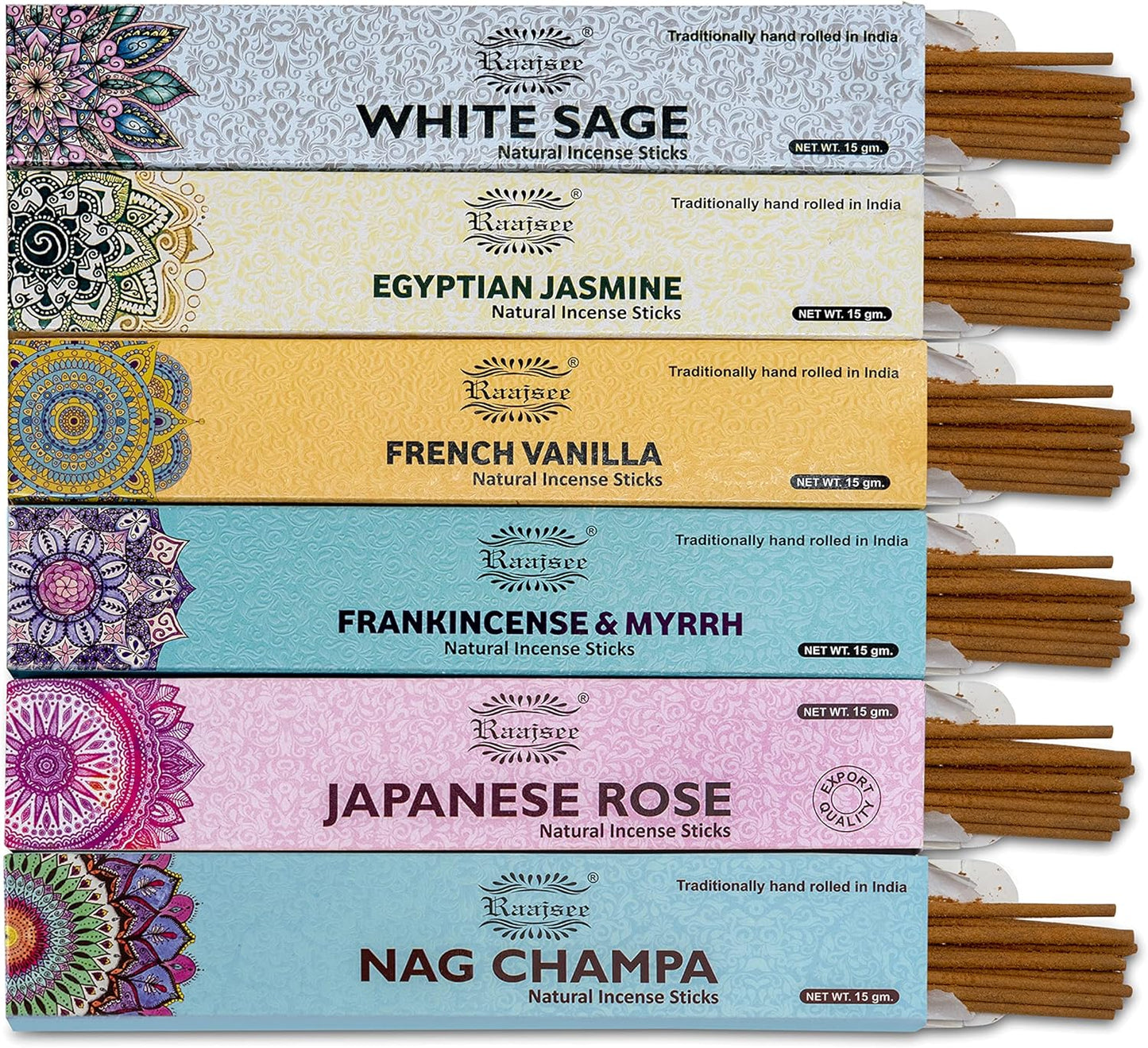 Raajsee Natural Incense Sticks,6 Pack Mixed Scents Gift Pack 15 gm Each (90 gm Total), Insense Sticks Variety Pack, 100% Organic Non Toxic Natural - Hand Rolled Free from Chemicals