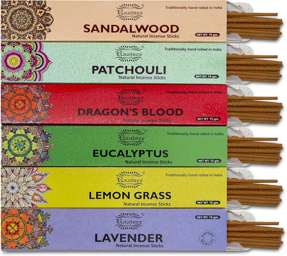 Raajsee Natural Incense Sticks,6 Pack Mixed Scents Gift Pack 15 gm Each (90 gm Total), Insense Sticks Variety Pack, 100% Organic Non Toxic Natural - Hand Rolled Free from Chemicals