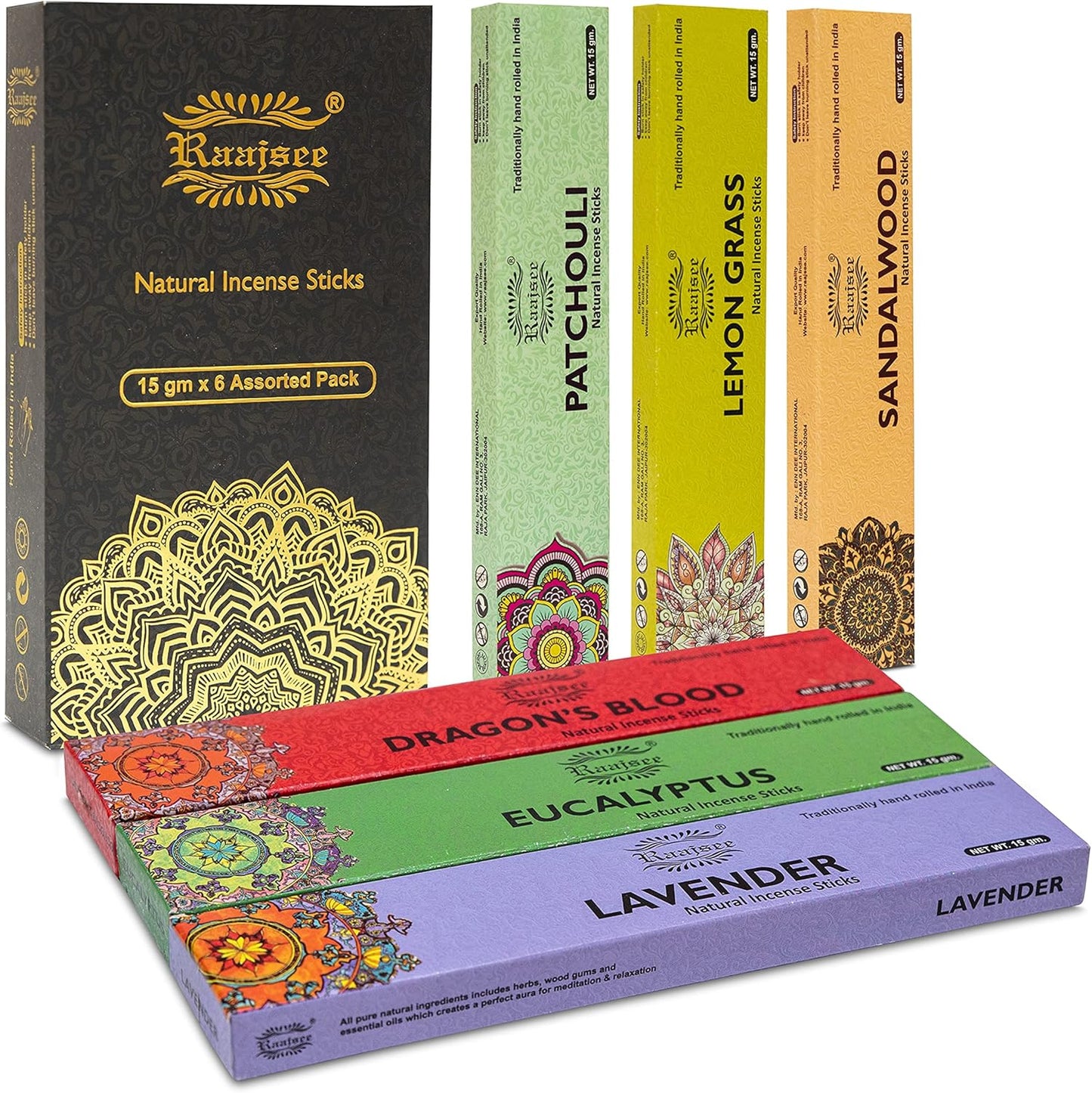 Raajsee Natural Incense Sticks,6 Pack Mixed Scents Gift Pack 15 gm Each (90 gm Total), Insense Sticks Variety Pack, 100% Organic Non Toxic Natural - Hand Rolled Free from Chemicals