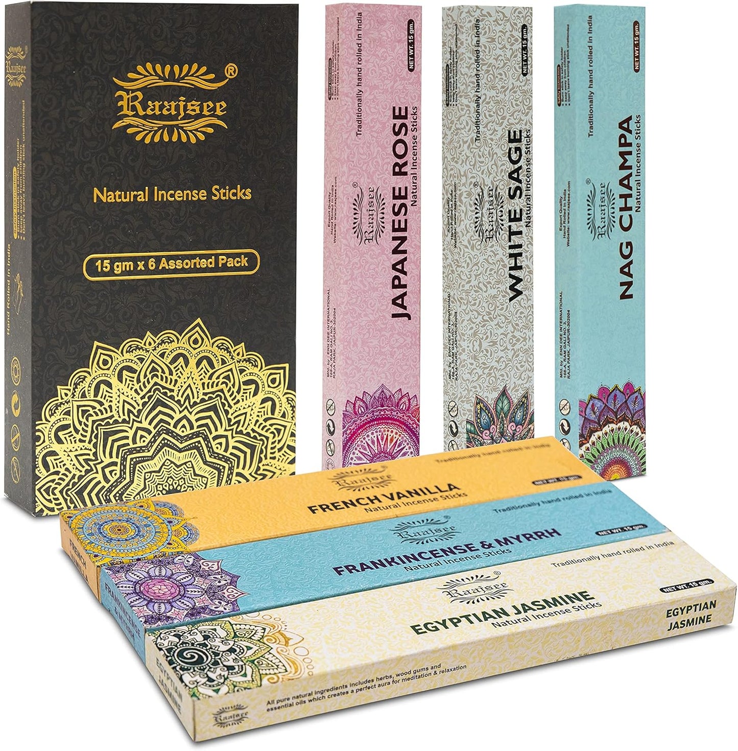 Raajsee Natural Incense Sticks,6 Pack Mixed Scents Gift Pack 15 gm Each (90 gm Total), Insense Sticks Variety Pack, 100% Organic Non Toxic Natural - Hand Rolled Free from Chemicals