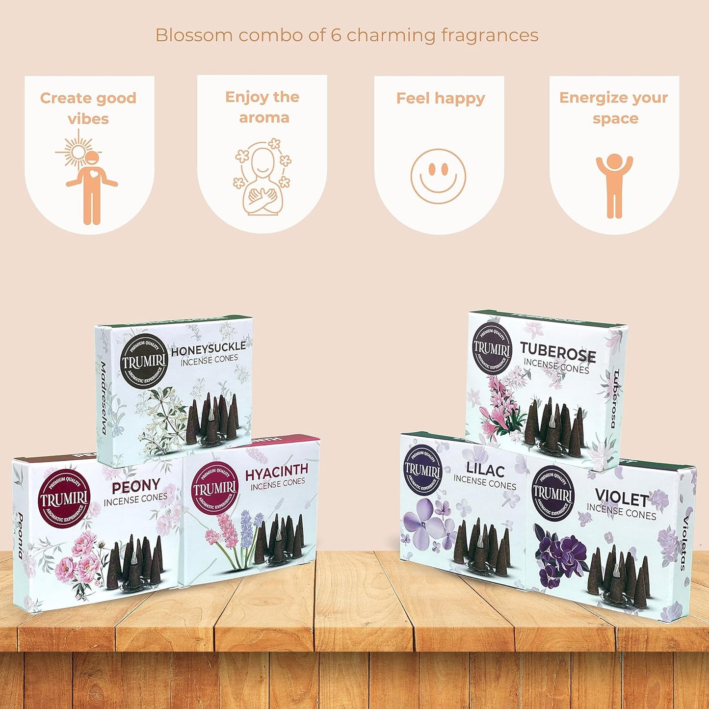 Trumiri Woody Incense Cones - Variety Pack - Total 60 Cone Incense (6 Scents x 10 Conos) - White Sage, Palo Santo, Dragons Blood, Sandalwood - Inscents-Cones Scented - Insense Cones - Incent Cone