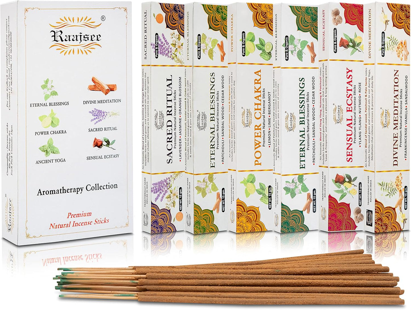 Raajsee Natural Incense Sticks,6 Pack Mixed Scents Gift Pack 15 gm Each (90 gm Total), Insense Sticks Variety Pack, 100% Organic Non Toxic Natural - Hand Rolled Free from Chemicals