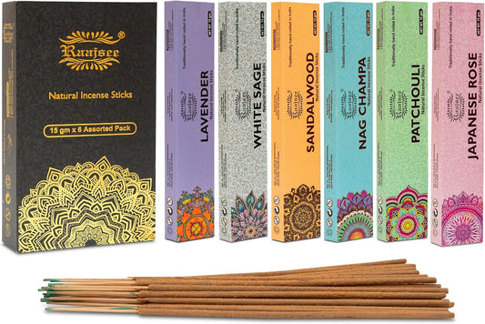 Raajsee Natural Incense Sticks,6 Pack Mixed Scents Gift Pack 15 gm Each (90 gm Total), Insense Sticks Variety Pack, 100% Organic Non Toxic Natural - Hand Rolled Free from Chemicals