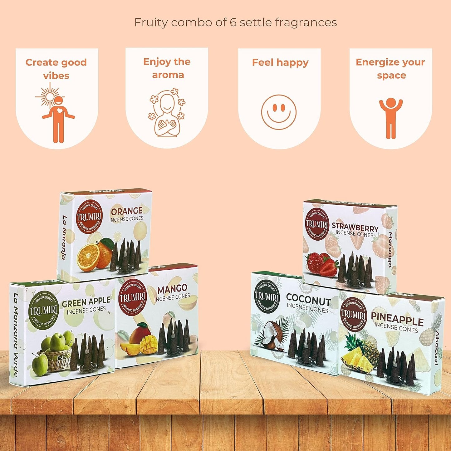 Trumiri Woody Incense Cones - Variety Pack - Total 60 Cone Incense (6 Scents x 10 Conos) - White Sage, Palo Santo, Dragons Blood, Sandalwood - Inscents-Cones Scented - Insense Cones - Incent Cone