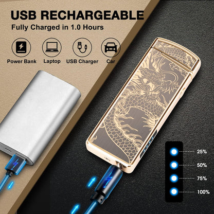 LcFun Electric USB Rechargeable Lighter, Windproof Plasma Dual Arc Lighter with LED Battery Indication, Electronic Flameless Cool Lighters Gifts for Men Fathers Husband (Black Dragon)