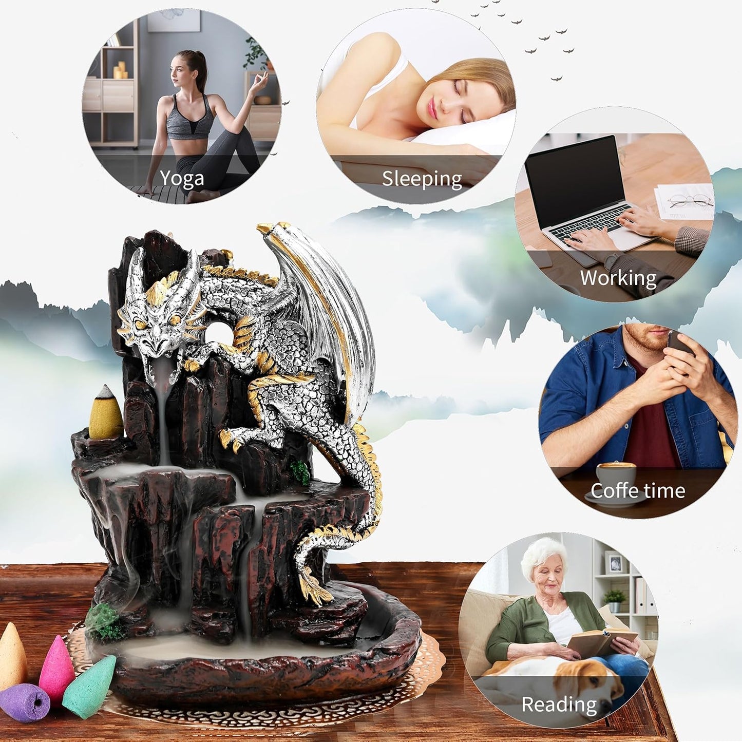 Zvaiuk Dragon Backflow 2 Sided Mountain Waterfall Incense Burner,Fountain Smoke Incense Holder with Backflow Incense Cones, Tweezers, Mat，Resin Aromatherapy Meditationvaiuk (Green)