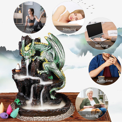 Zvaiuk Dragon Backflow 2 Sided Mountain Waterfall Incense Burner,Fountain Smoke Incense Holder with Backflow Incense Cones, Tweezers, Mat，Resin Aromatherapy Meditationvaiuk (Green)