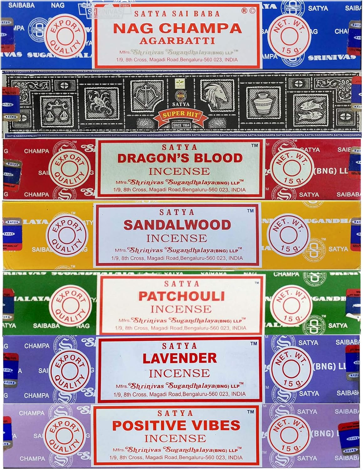 Satya Incense Gift Set Nag Champa, Super hit, Dragon's Blood, Sandalwood, Patchouli, Lavender, Positive Vibes, 15 g