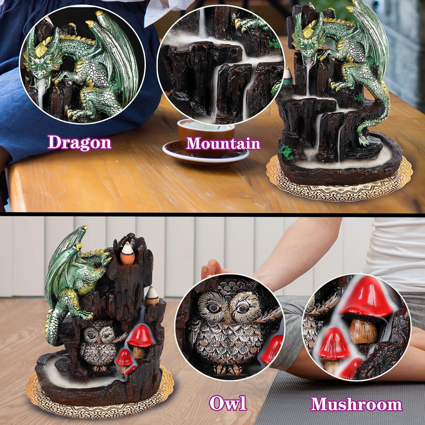 Zvaiuk Dragon Backflow 2 Sided Mountain Waterfall Incense Burner,Fountain Smoke Incense Holder with Backflow Incense Cones, Tweezers, Mat，Resin Aromatherapy Meditationvaiuk (Green)