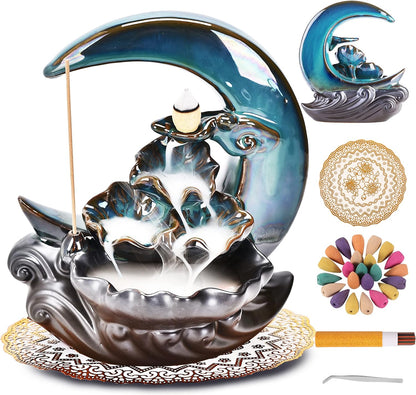 Zvaiuk New Moon Backflow Incense Holder, Ceramic Hand-Made Incense Fountain Burner with 100 Backflow Incense Cones