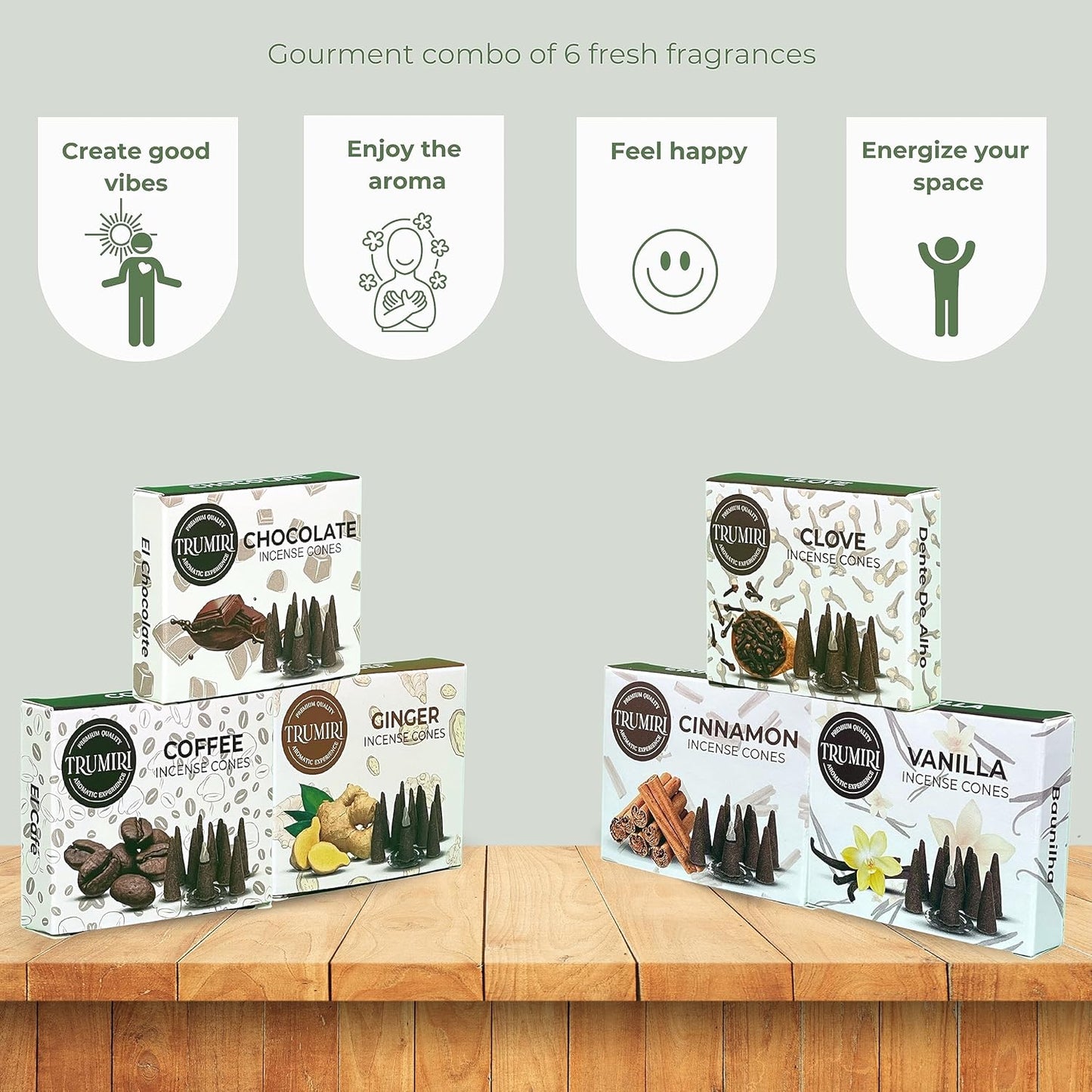 Trumiri Woody Incense Cones - Variety Pack - Total 60 Cone Incense (6 Scents x 10 Conos) - White Sage, Palo Santo, Dragons Blood, Sandalwood - Inscents-Cones Scented - Insense Cones - Incent Cone