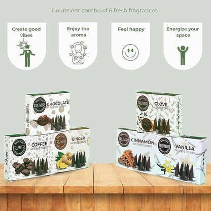 Trumiri Woody Incense Cones - Variety Pack - Total 60 Cone Incense (6 Scents x 10 Conos) - White Sage, Palo Santo, Dragons Blood, Sandalwood - Inscents-Cones Scented - Insense Cones - Incent Cone
