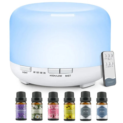 500ML Aromatherapy Oil Diffuser, Aroma Diffuser with 6 Bottle 10ML Essential Oil Set (Lavender, Rose, Jasmine, Lemon, Hilton, Ocean)