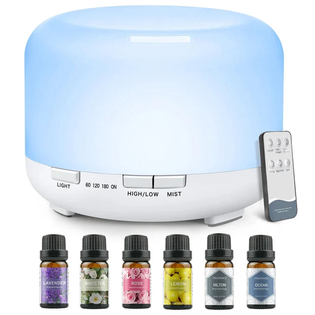 500ML Aromatherapy Oil Diffuser, Aroma Diffuser with 6 Bottle 10ML Essential Oil Set (Lavender, Rose, Jasmine, Lemon, Hilton, Ocean)