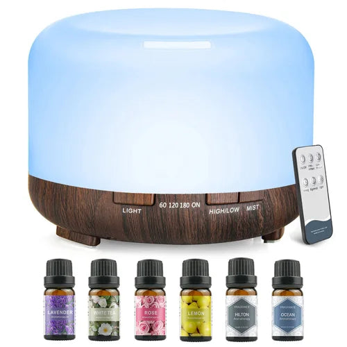 500ML Aromatherapy Oil Diffuser, Aroma Diffuser with 6 Bottle 10ML Essential Oil Set (Lavender, Rose, Jasmine, Lemon, Hilton, Ocean)