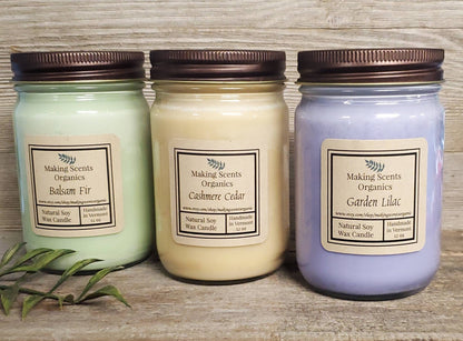 Pure Soy Wax Candles / Candles / Soy Candles /  Balsam Fir & 60  Scents  / 12 oz  Mason Jar Candle /  Made in VT / Making Scents