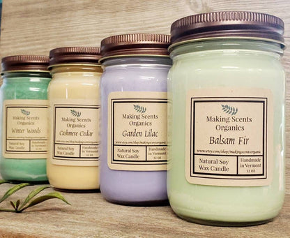 Pure Soy Wax Candles / Candles / Soy Candles /  Balsam Fir & 60  Scents  / 12 oz  Mason Jar Candle /  Made in VT / Making Scents