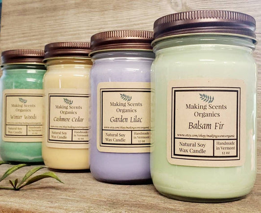 Pure Soy Wax Candles / Candles / Soy Candles /  Balsam Fir & 60  Scents  / 12 oz  Mason Jar Candle /  Made in VT / Making Scents