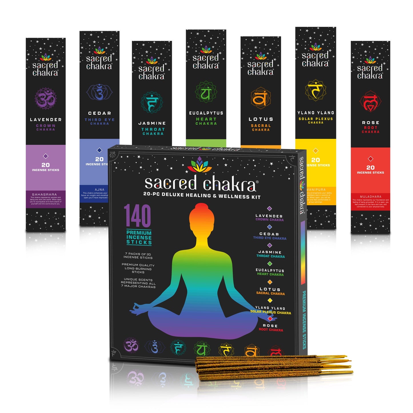 Sacred Chakra Incense Sticks | 140 Incense Sticks for Meditation |  7 Scents for Aromatherapy and Aligning Chakras | Gift Ideas