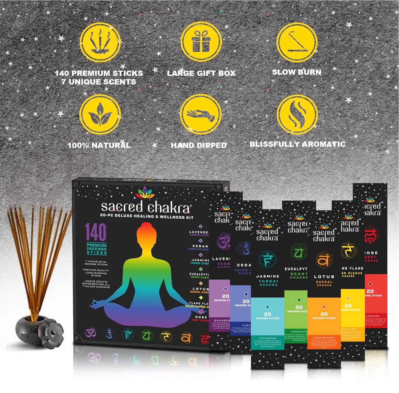 Sacred Chakra Incense Sticks | 140 Incense Sticks for Meditation |  7 Scents for Aromatherapy and Aligning Chakras | Gift Ideas